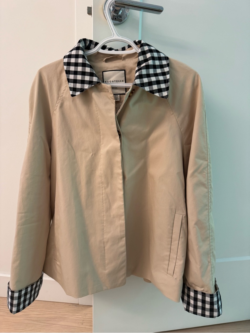 bagatelle Beige Trench Jacket with Black-and-White Gingham Trim